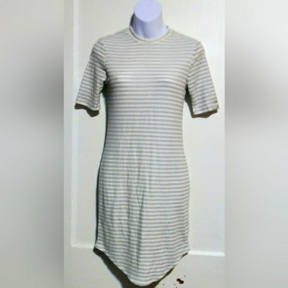 NYC LADIES GREY & WHITE STRIPED MIDI DRESS